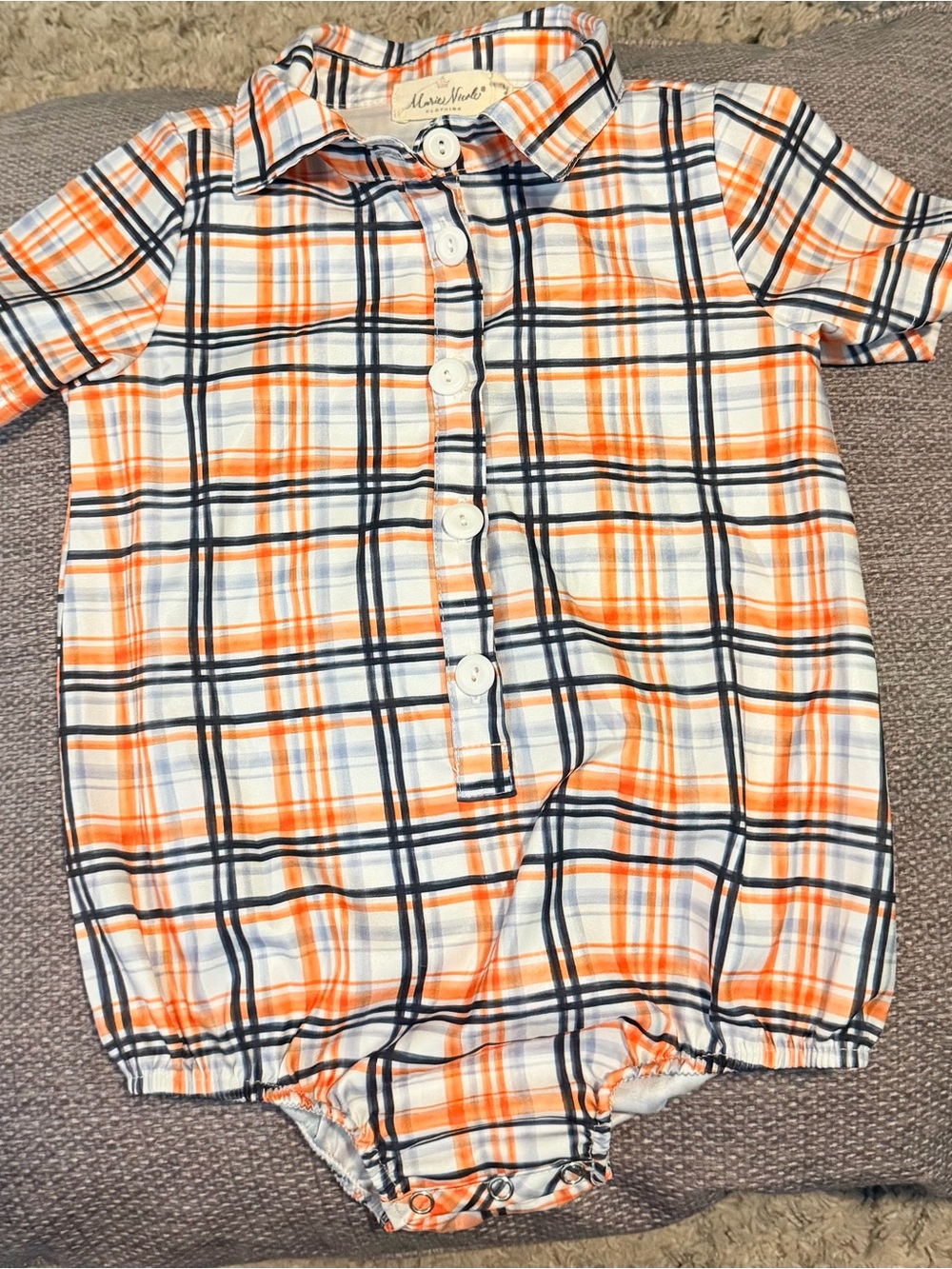 Marie Nicole  Orange & Navy Plaid Baby One-Piece Bodysuit